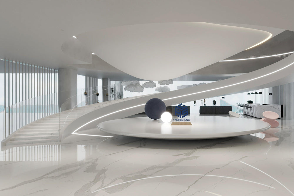 Application reference of curved solid surface architectural elements in a commercial interior