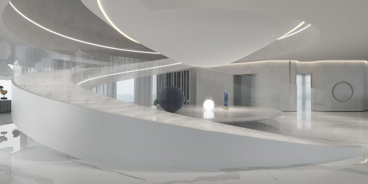 Side view of white solid surface spiral staircase for luxury interiors with seamless acrylic solid surface finish