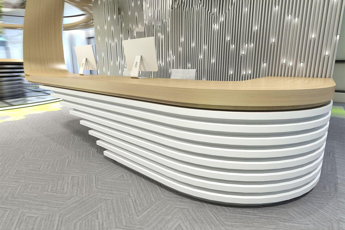 Wood accent solid surface reception desk for a modern office