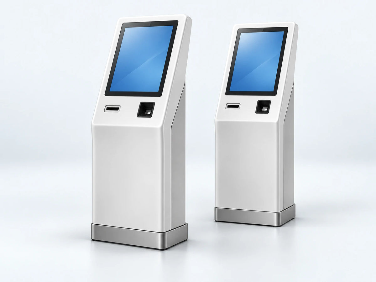 Concept of two white self-service kiosk housings with blank blue screens