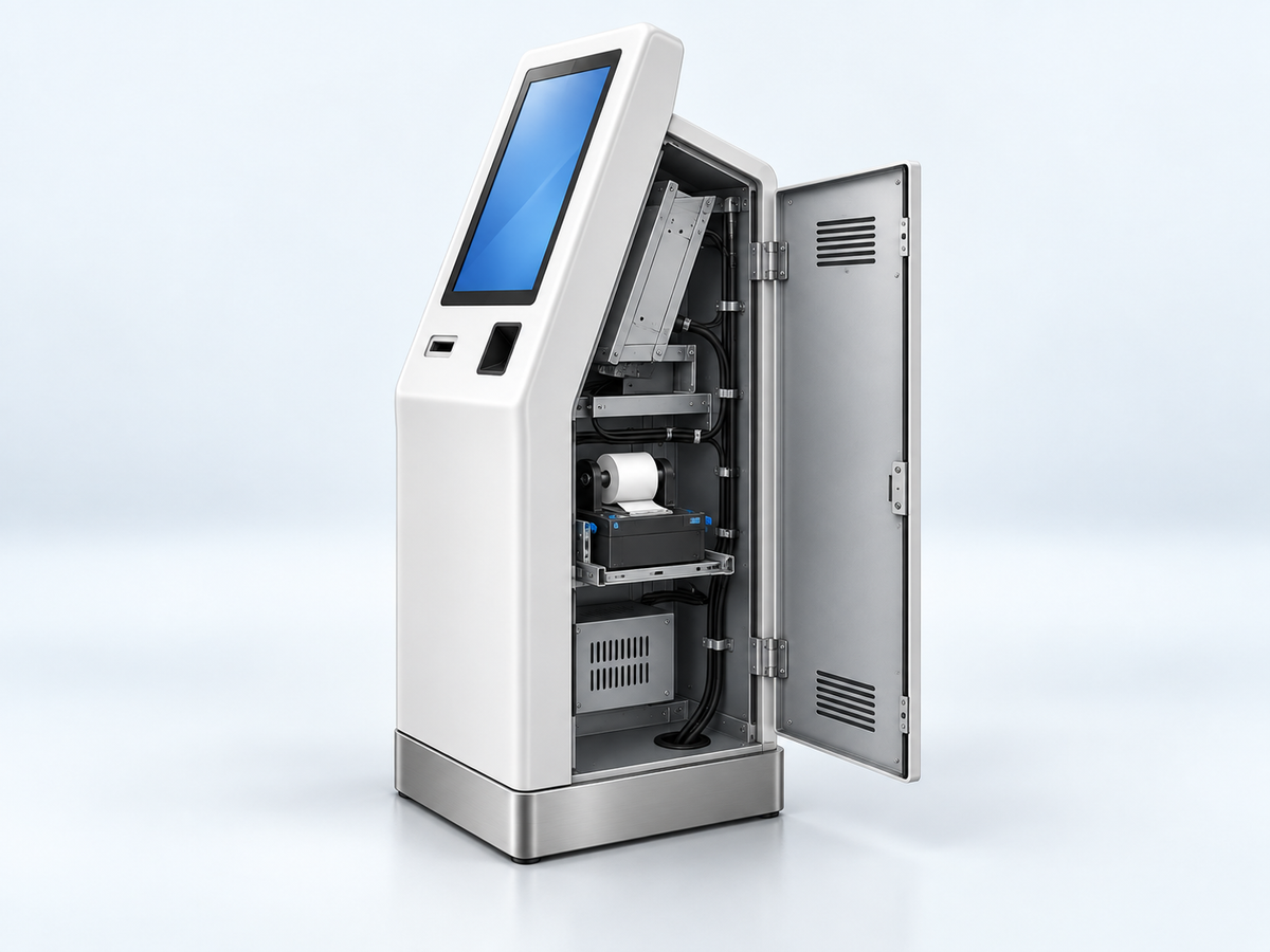 Kiosk housing concept showing device mounting, printer replenishment and an open maintenance panel