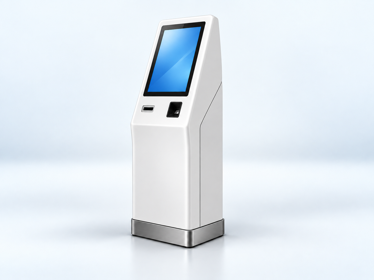 Concept of a freestanding white kiosk housing with a screen and front device openings