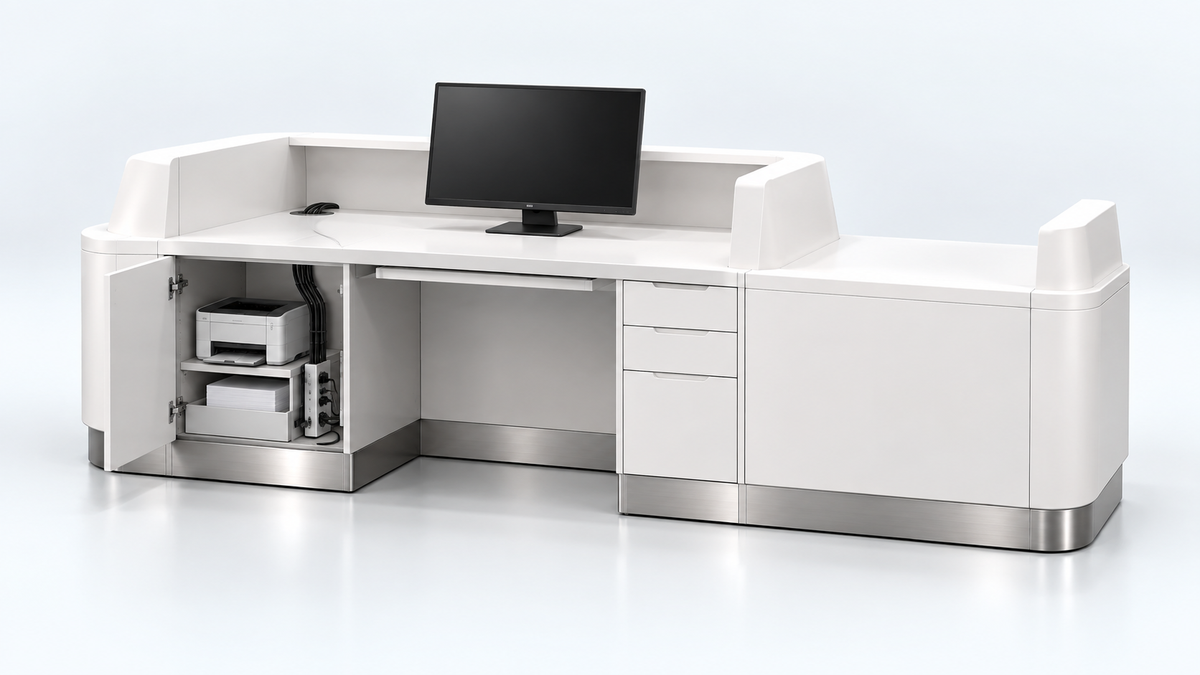 Working-side service-counter concept with staff equipment, storage and a lowered service area