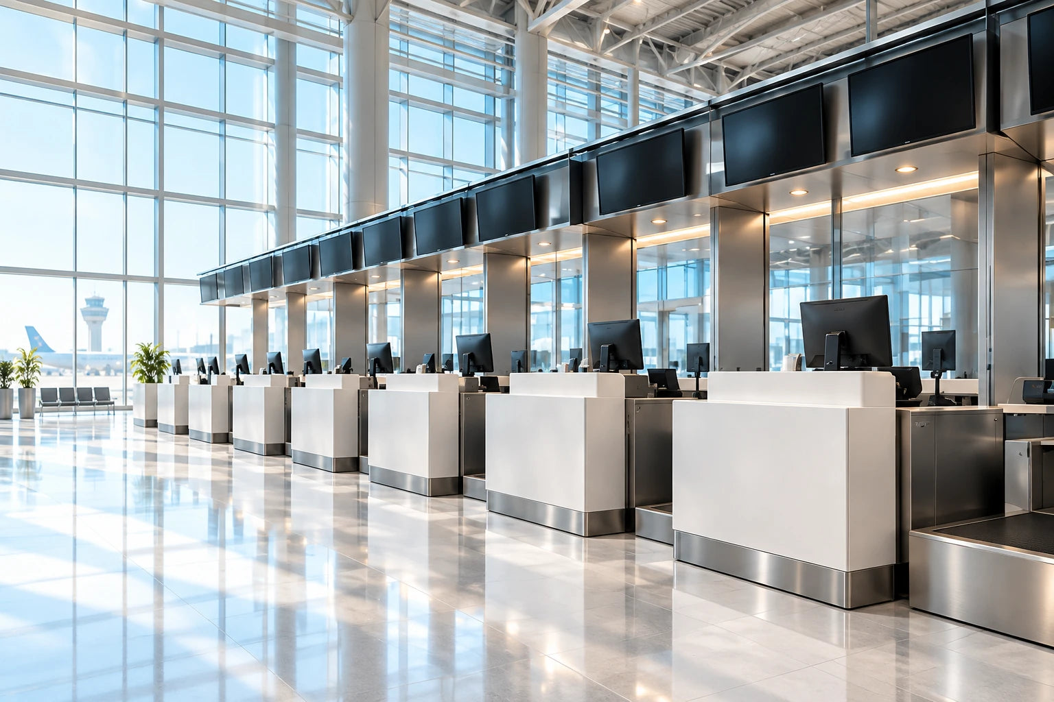 Concept of a coordinated white check-in counter row in a bright airport terminal