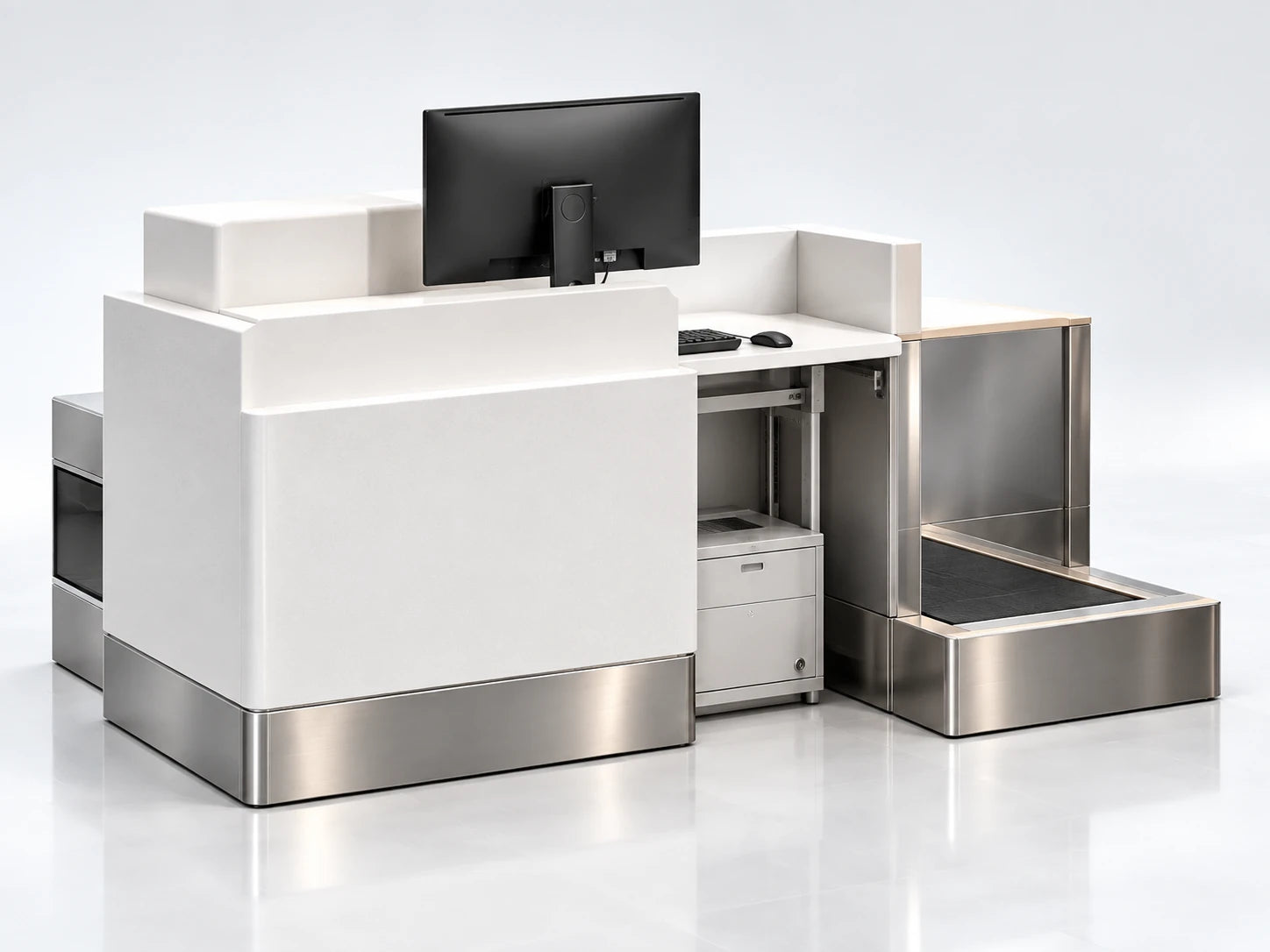 Single staffed check-in position concept with side baggage interface
