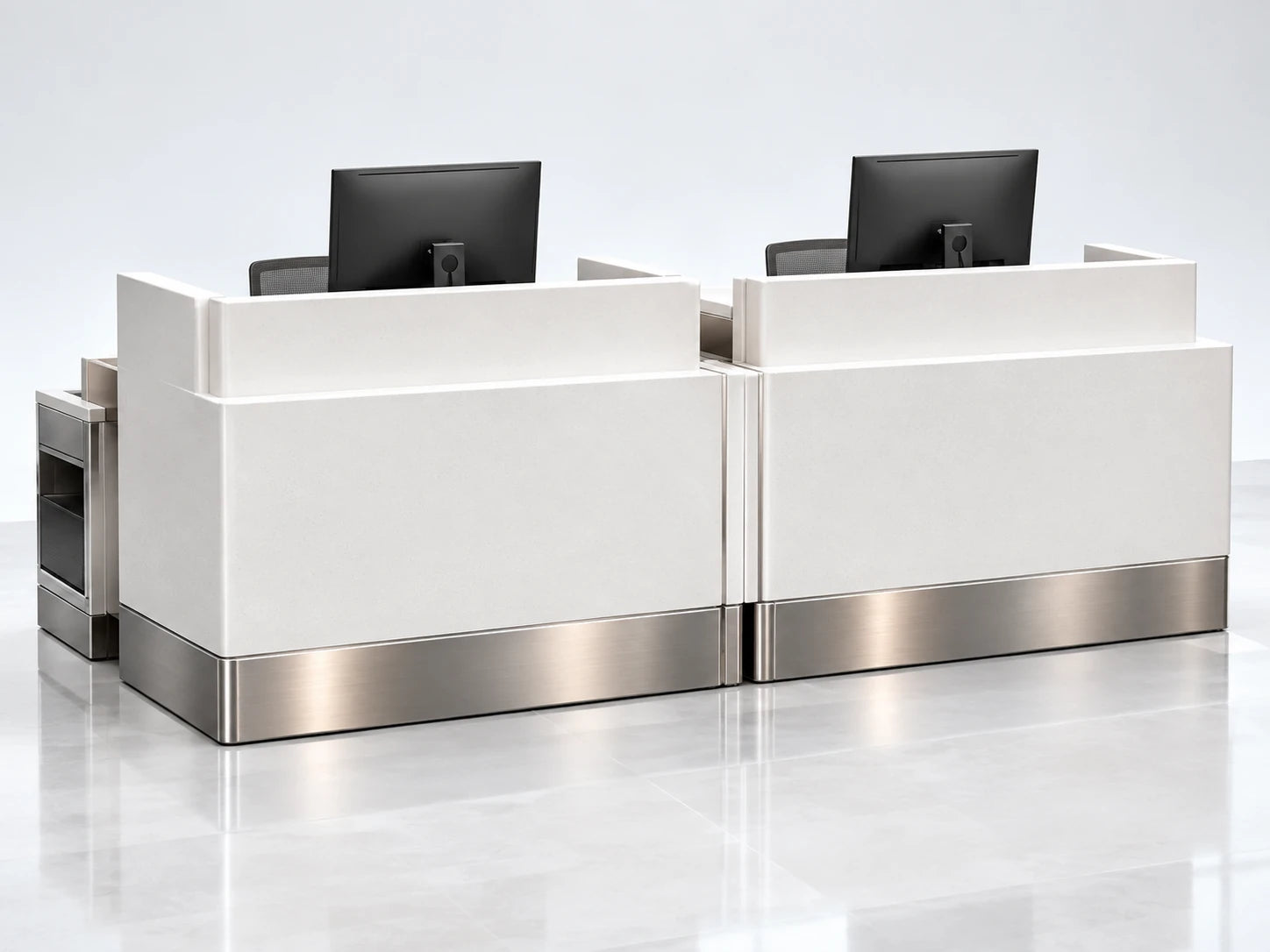 Two adjacent staffed check-in positions shown as a configuration concept