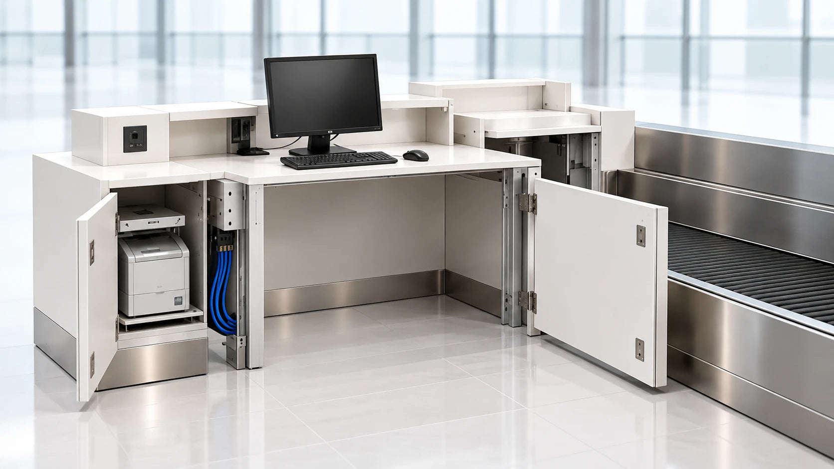 Working-side coordination concept showing side equipment, accessible cables, service doors and clear operator space
