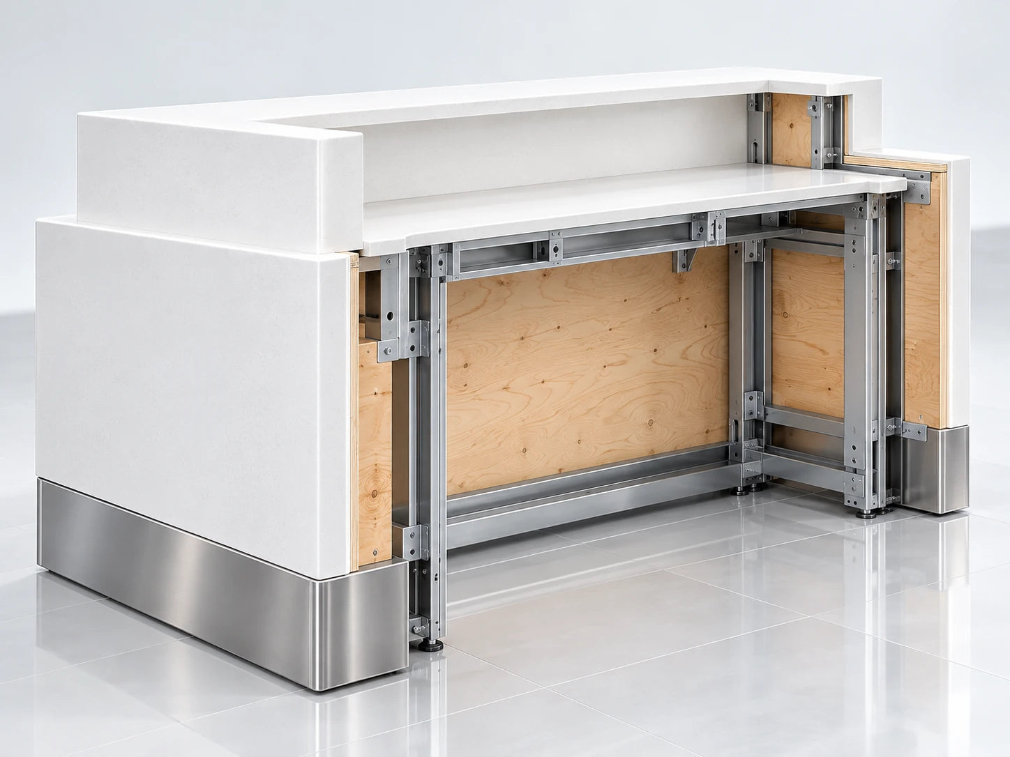 Construction concept showing solid-surface exterior, plywood substrate and internal steel support