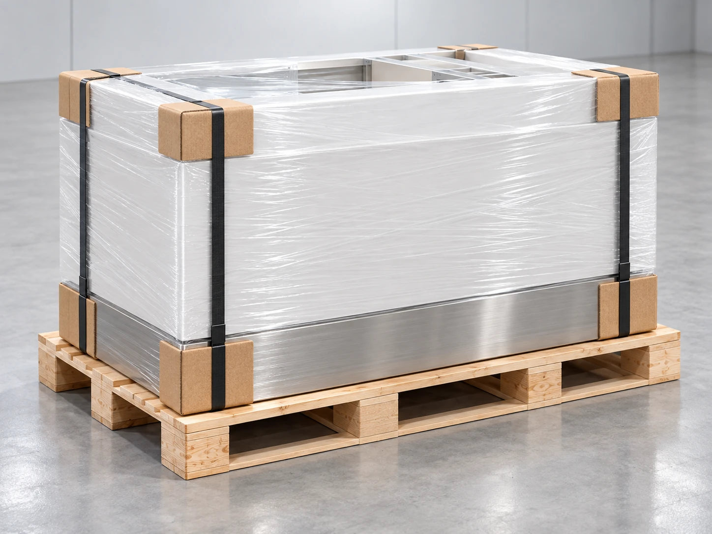 Packing concept showing a protected counter module with corner guards and pallet