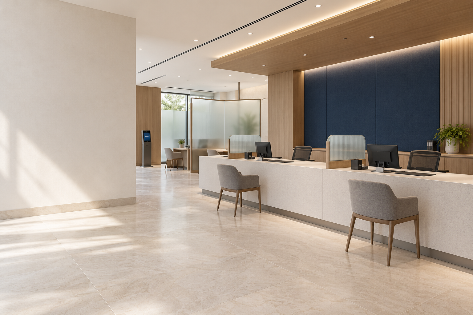 Bank branch application concept with a staffed counter and a consultation zone. No verified project is represented.