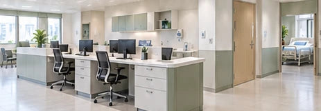 Concept illustration. Interfaces for healthcare furniture planning; not a verified project or product specification.