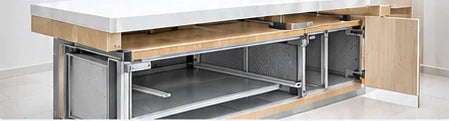 Illustrative assembly. The selected substrate, reinforcement and fixings follow the approved project detail.. Support for healthcare furniture planning; not a verified project or product specification.