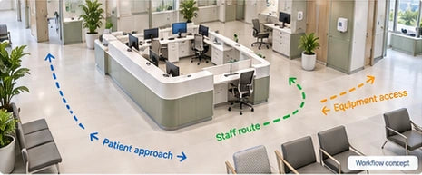 Concept illustration of a nurse station layout with patient approach, staff route and equipment access; not a verified clinical workflow or dimensional plan.