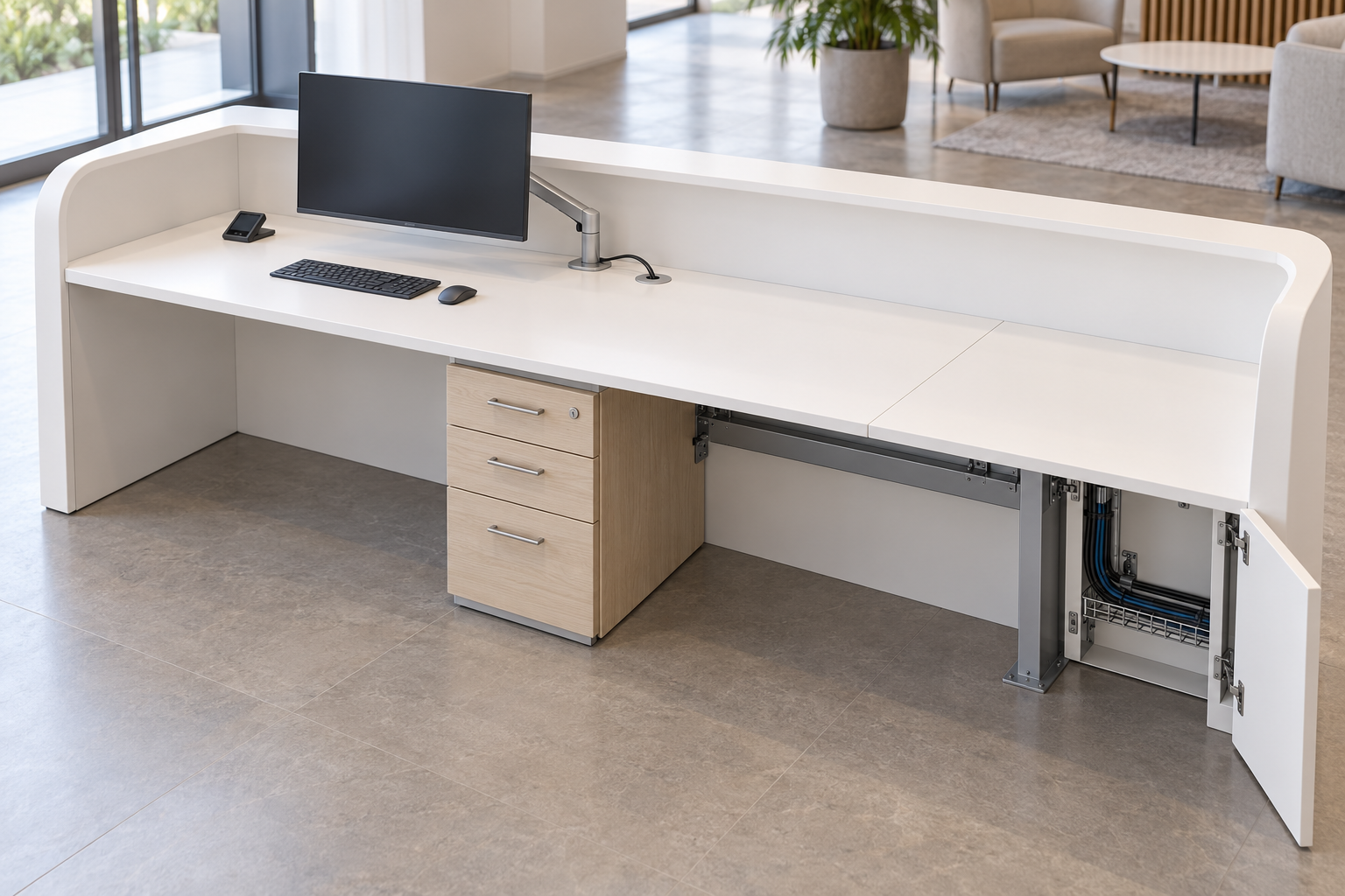 working-side coordination concept: monitor, cable entry, joint and support.