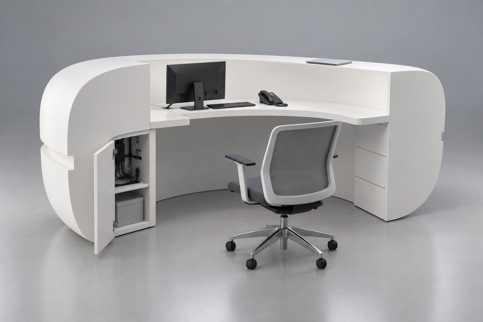 Working-side concept. Equipment, storage and hidden construction are project-specific; this is not a verified build of the reference product.